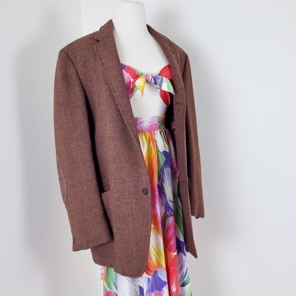 Oversized wool tweed blazer leather elbow pads vintage textured neutral caramel - Picture 3 of 13
